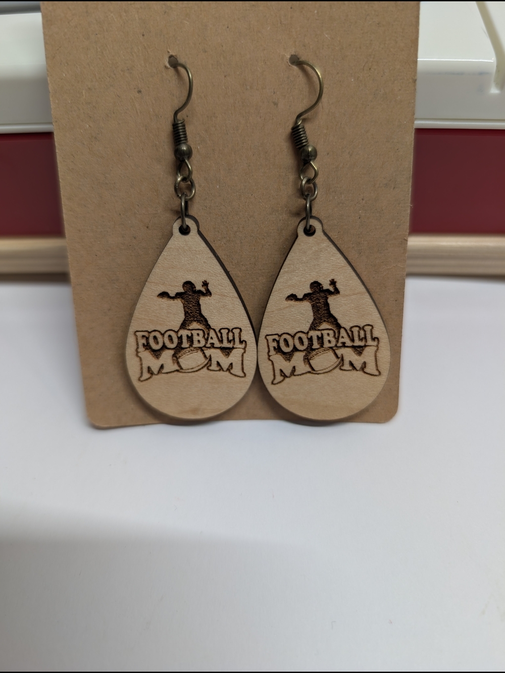 Football Mom Wooden Teardrop Earrings - Natural Wood